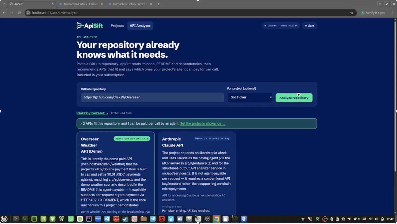 ApiSift's API Analyzer recommending APIs for a GitHub repository