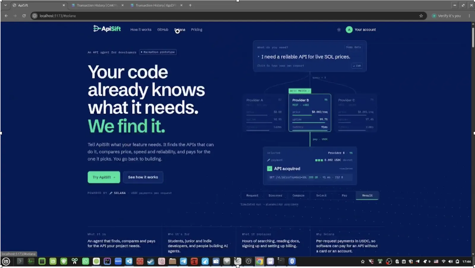 ApiSift home page: an agent that finds, compares and pays for the APIs your project needs