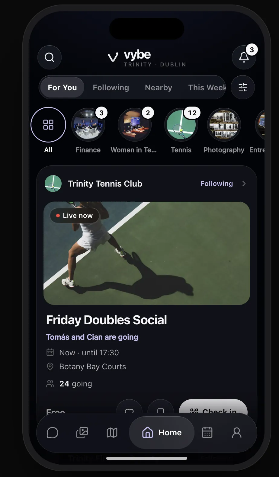 Vybe's home feed, showing society events at Trinity