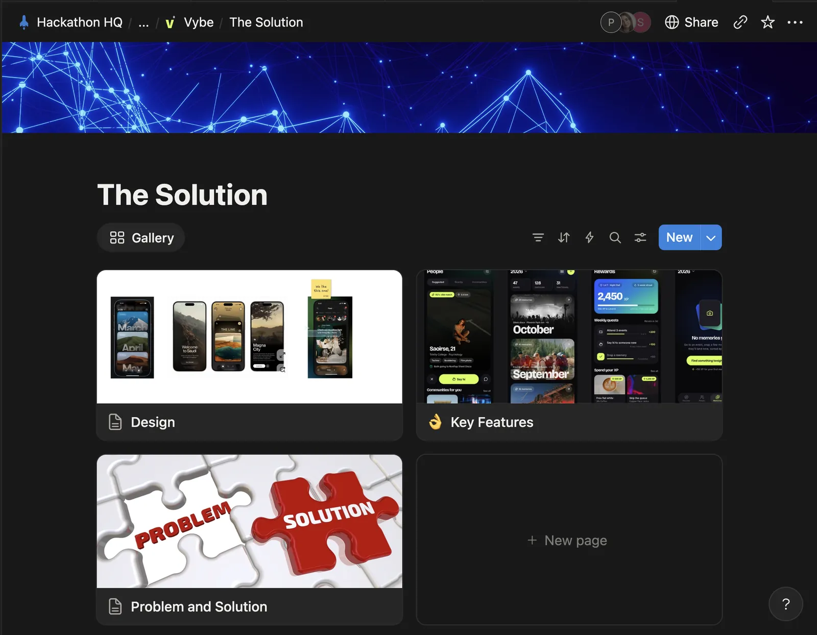 The Vybe solution page in Notion, with the designs and key features