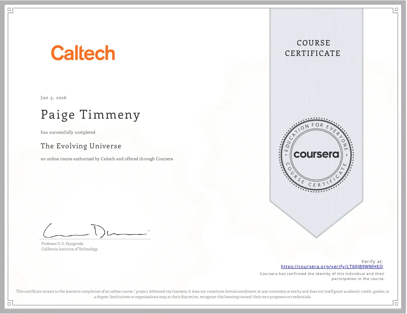 Caltech course certificate: The Evolving Universe, June 2026