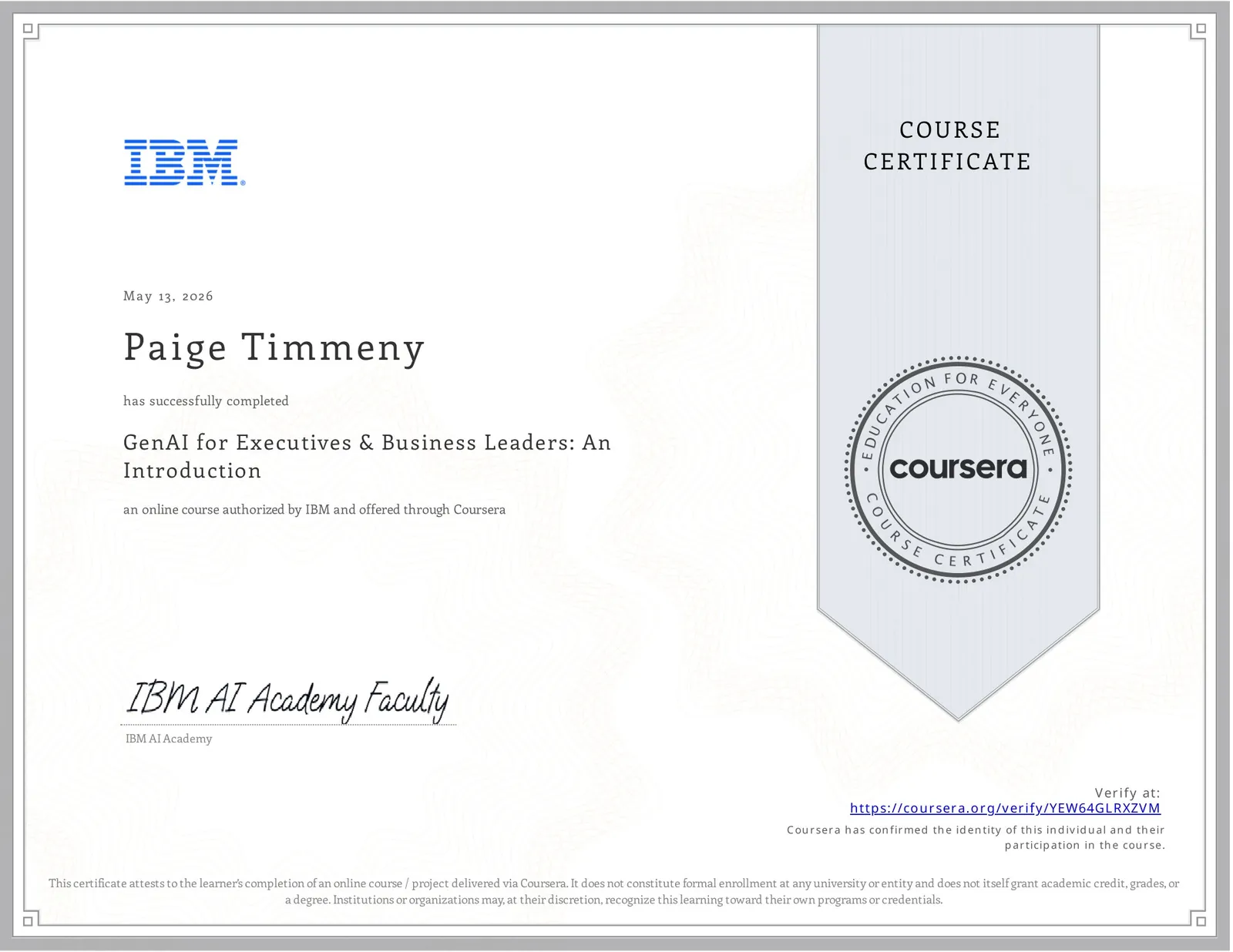 IBM course certificate: GenAI for Executives & Business Leaders: An Introduction, May 2026