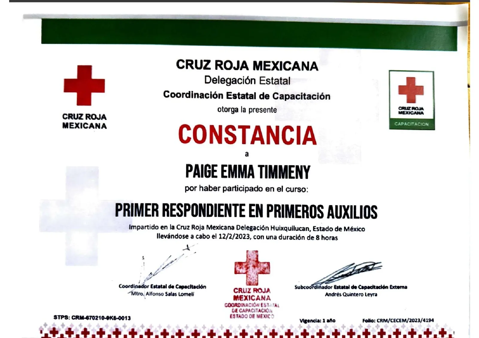 Mexican Red Cross certificate: First Responder in First Aid, 8 hours, February 2023